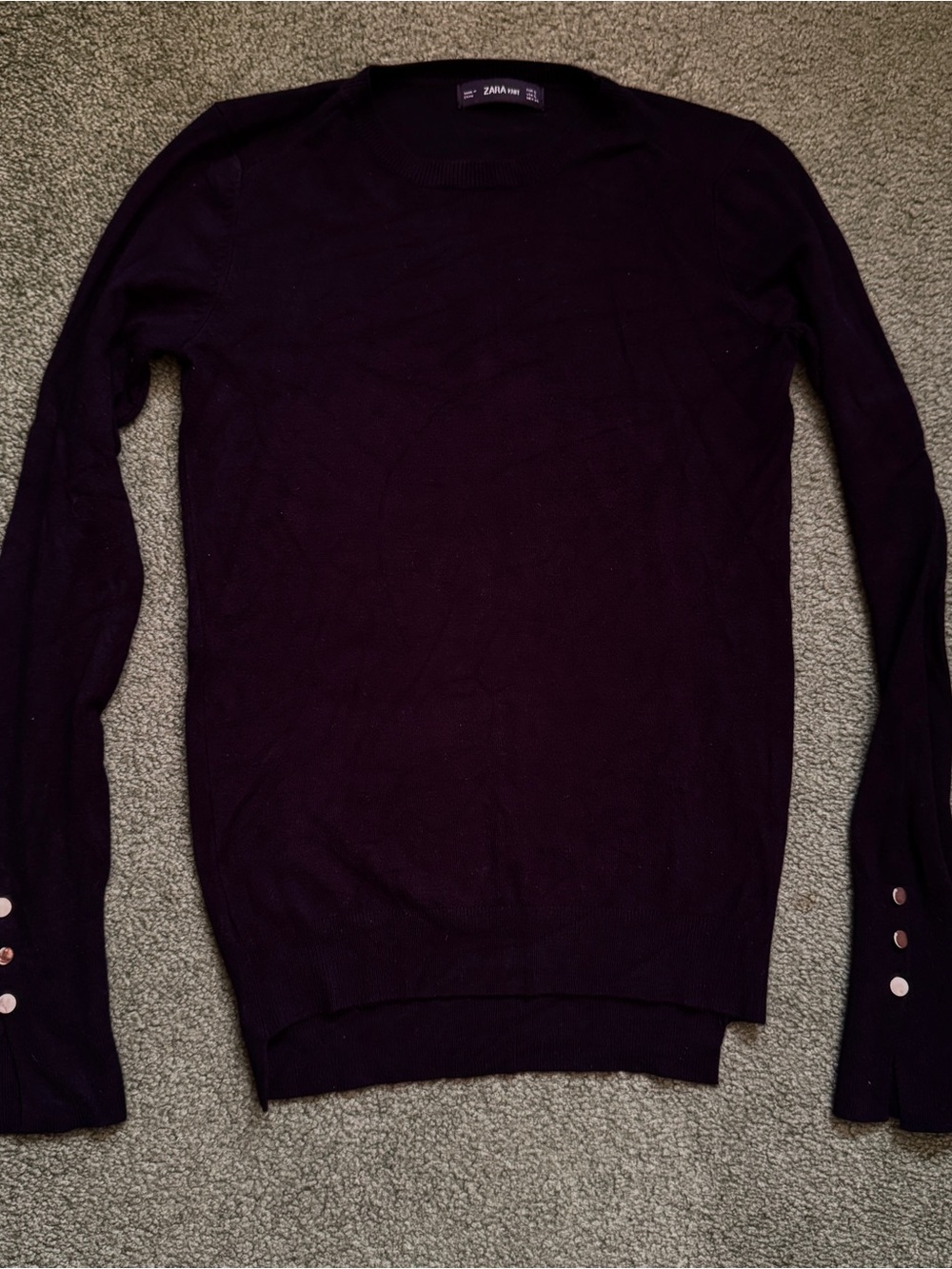 Zara Black Crewneck Long Sleeve Knot Sweater Top With Gold Button Detail Small